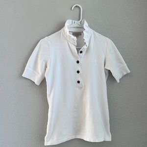 Burberry White Button Up Tshirt with a Ruffled Collar